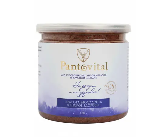 Мёд с порошком пантов марала красной щеткой. Женскоя здоровье. Красота. Молодость, 450 г, Pantovital